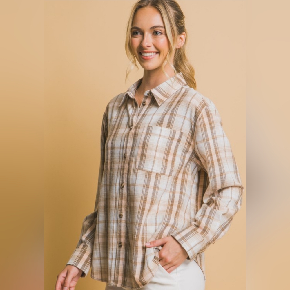 Khaki Plaid Flannel Button Down Shirt